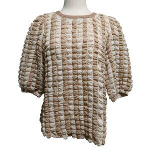 NWY Voy Textured Beige & Cream Puff Sleeve Top~Stretchy~Size SMALL